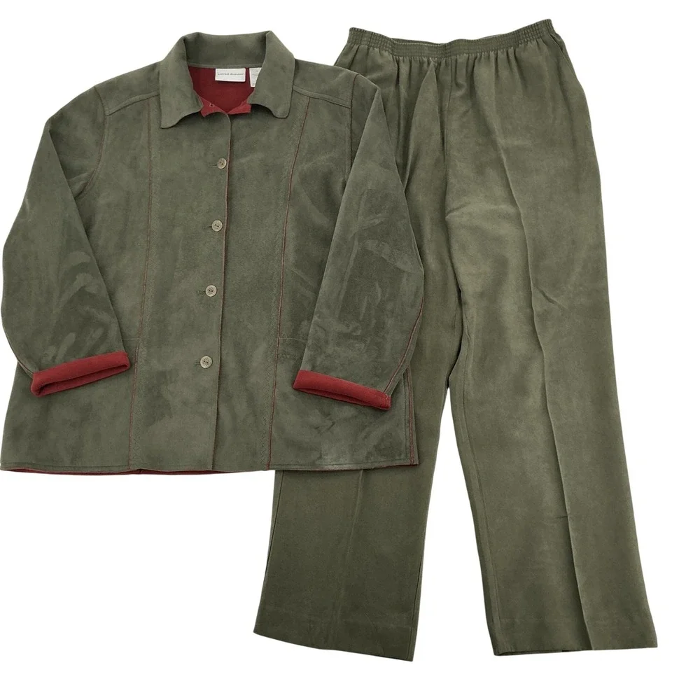 Vintage Alfred Dunner Pant Set Womens 12 Green Faux Suede Jacket Trousers 2pc